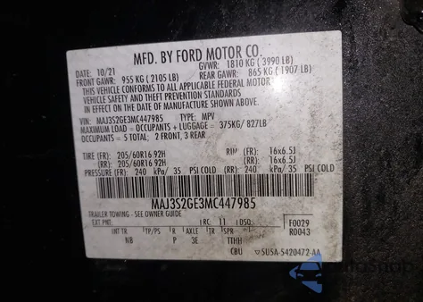 2021 Ford Ecosport Se из США, поврежденный, VIN MAJ3S2GE3MC447985